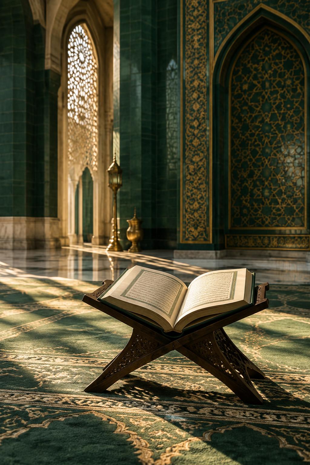 En öppen Koran på ett bokställ i en solbelyst moské