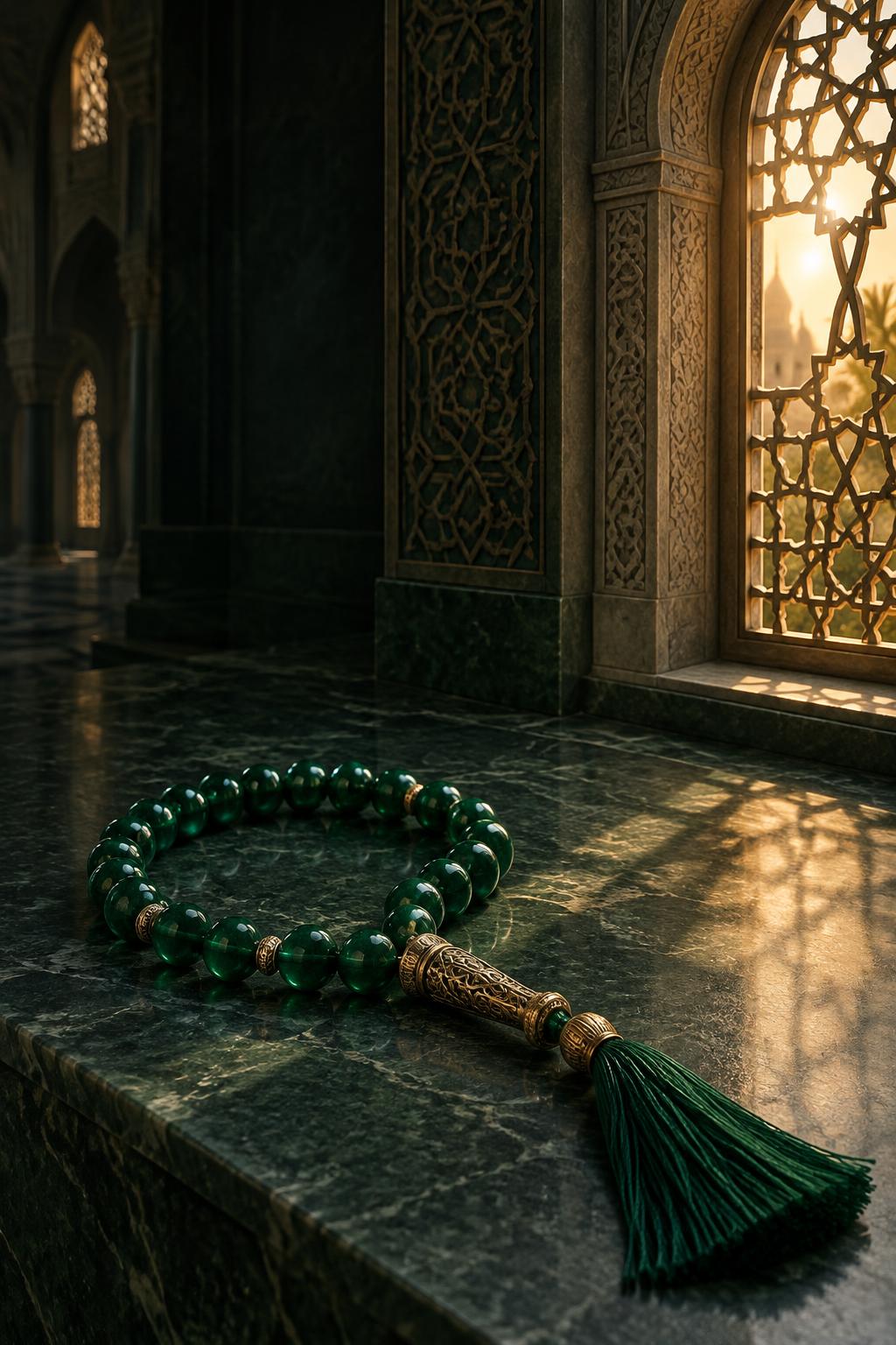 Grön tasbih i morgonljus vid ett utsmyckat moskéfönster